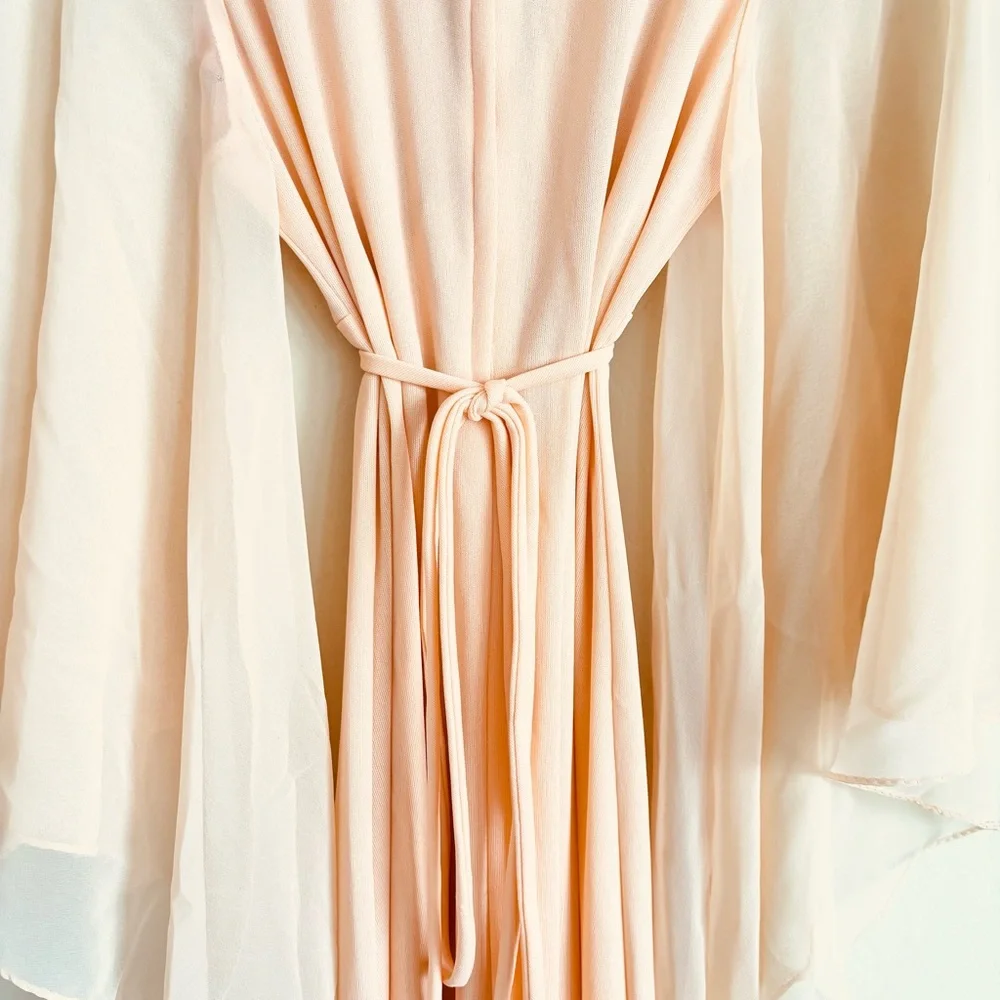 Vintage 1970s Peach Angel Wing Sleeve Deep V-neckline Empire Waist Maxi Dress - Picture 11 of 15
